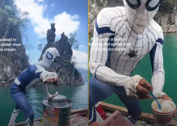 泰国店家化身蜘蛛侠在河上卖冰淇淋，令外国游客震惊！